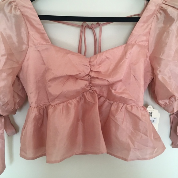 NWT Altar'd State Sz S Rose Pink Puff Sleeve Smock Back Crop Babydoll Top Boho - Picture 3 of 14